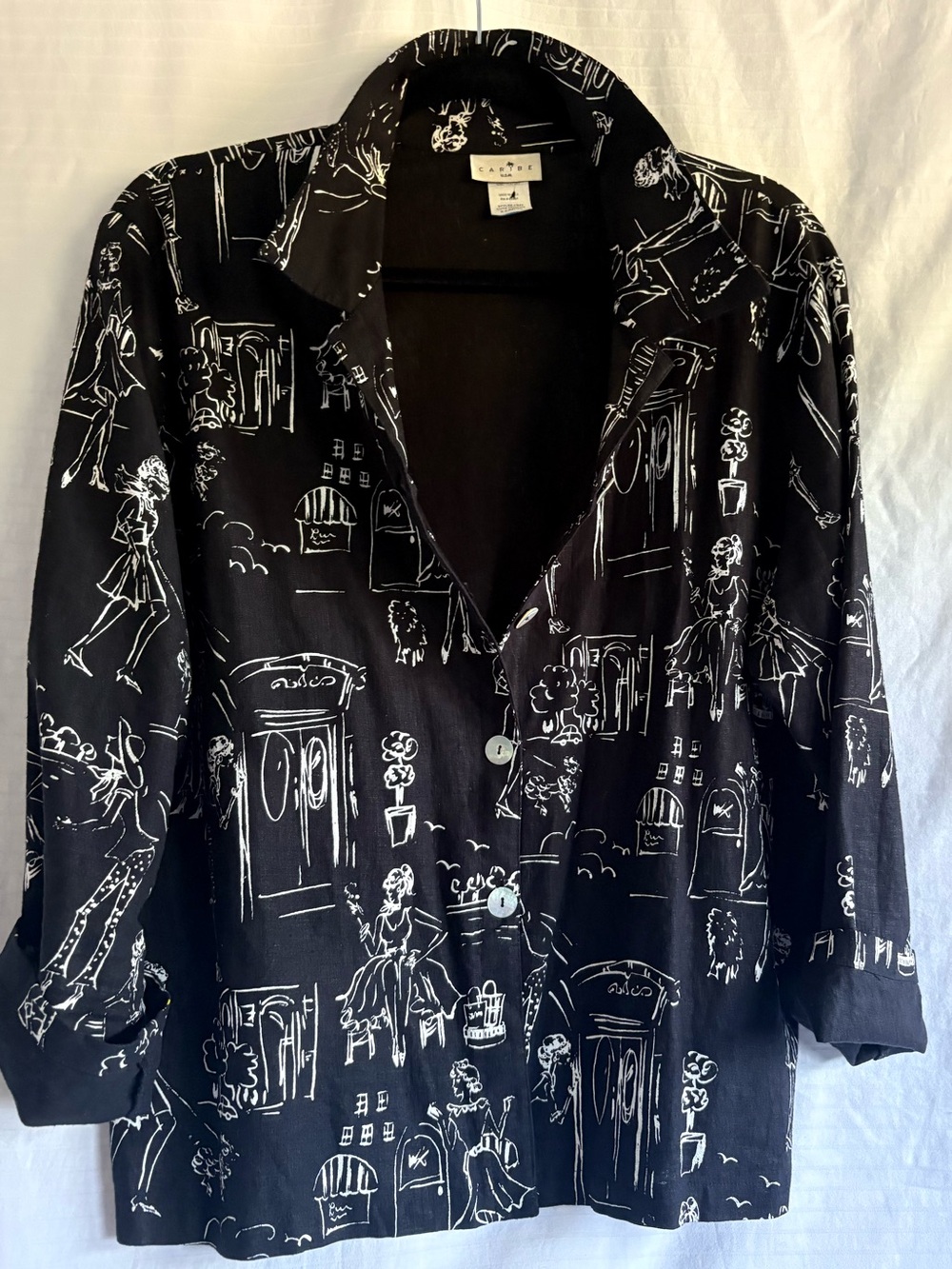 Black linen jacket with retro white screen printed whimsical design